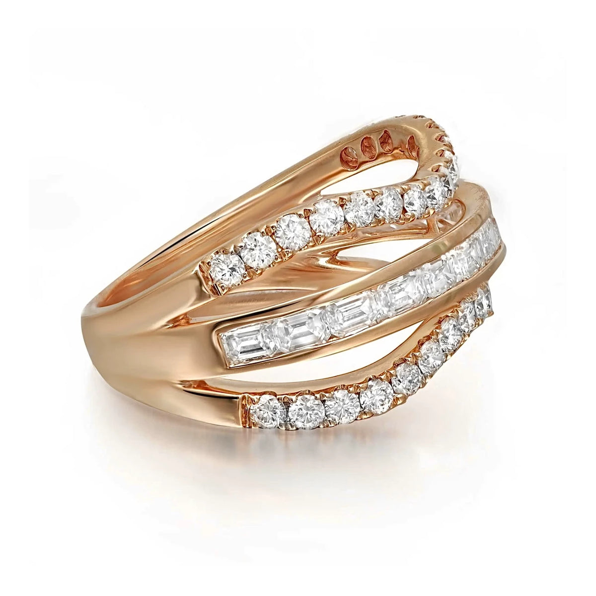 Elegant 18K rose gold wave ring featuring emerald and round diamonds for a modern, sophisticated look.
