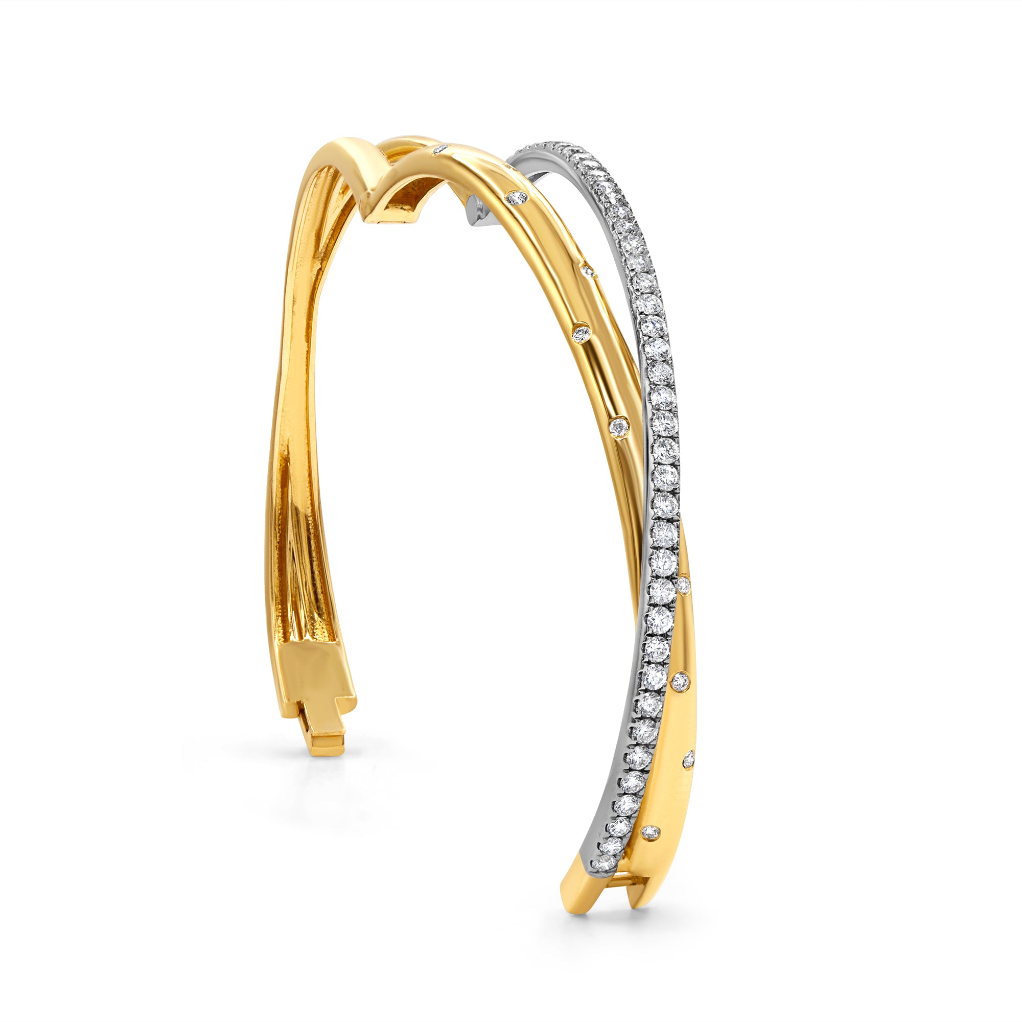 Gold and diamond criss cross bangle in 14K gold featuring prong-set round diamonds in an elegant, modern design.