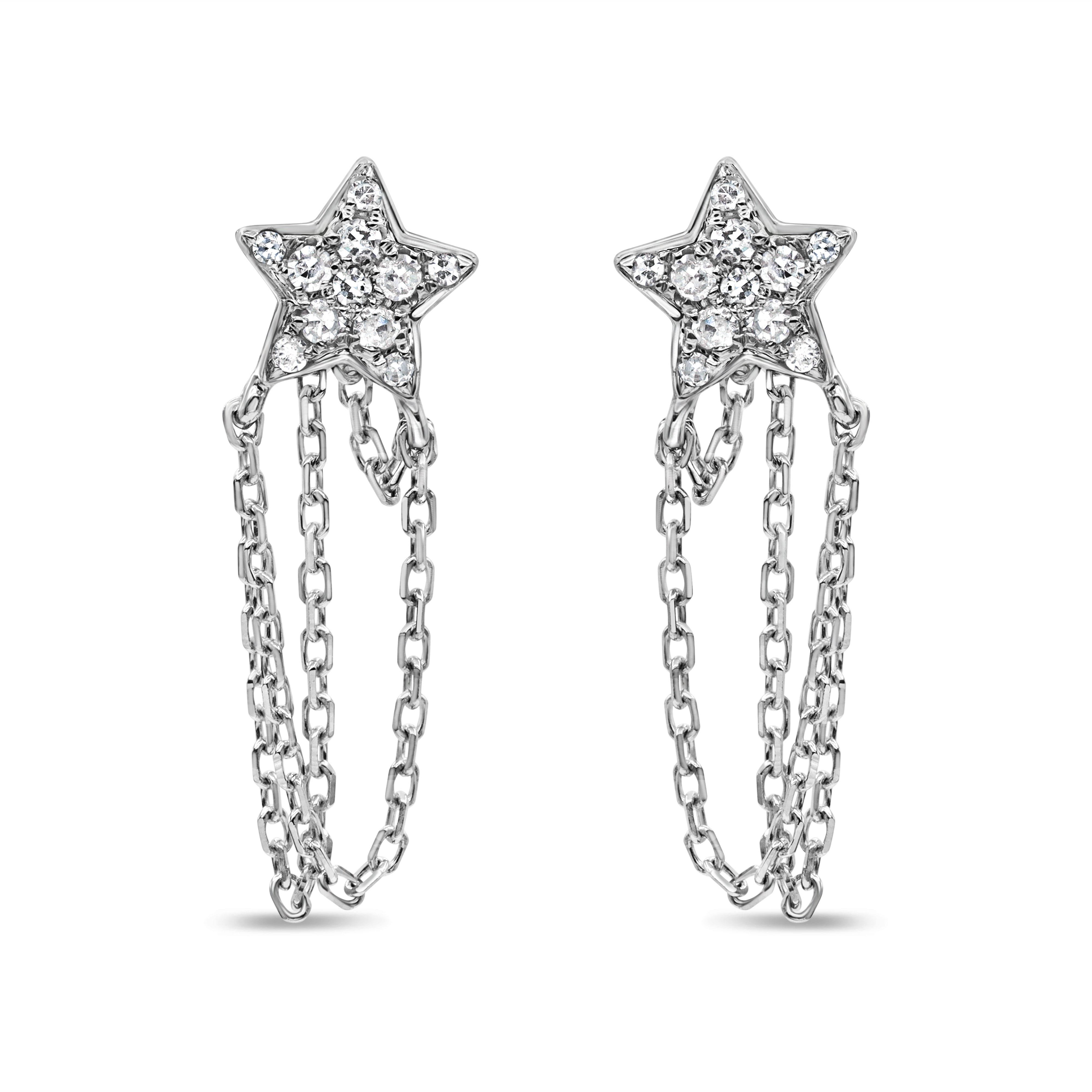 14K gold star stud earrings featuring pavé round diamonds and delicate cascading chain drops.