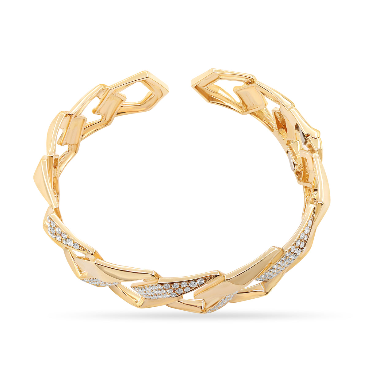Chunky 18K yellow gold bangle with pavé-set diamond links totaling 2.19 CTW.