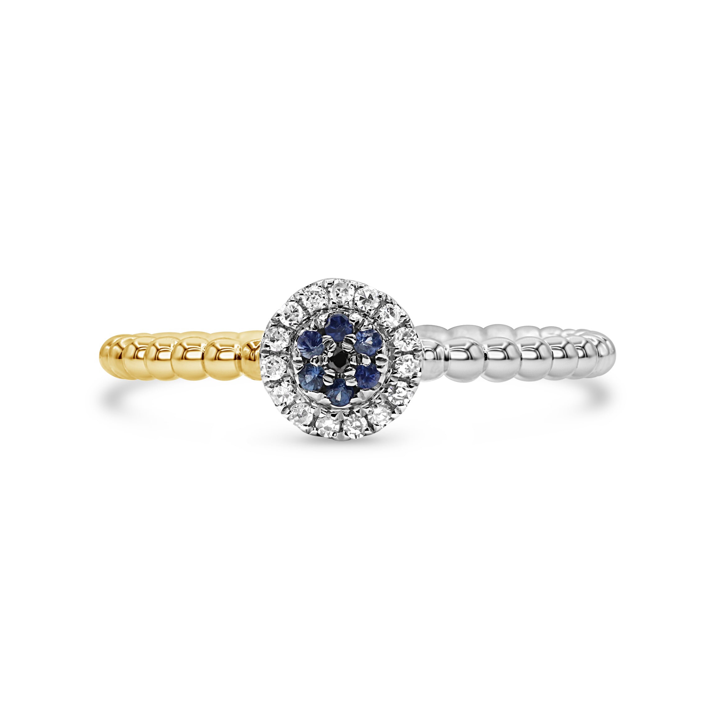 Two-tone gold diamond and blue sapphire ring in 14K gold featuring round diamonds and blue sapphires in a modern design.