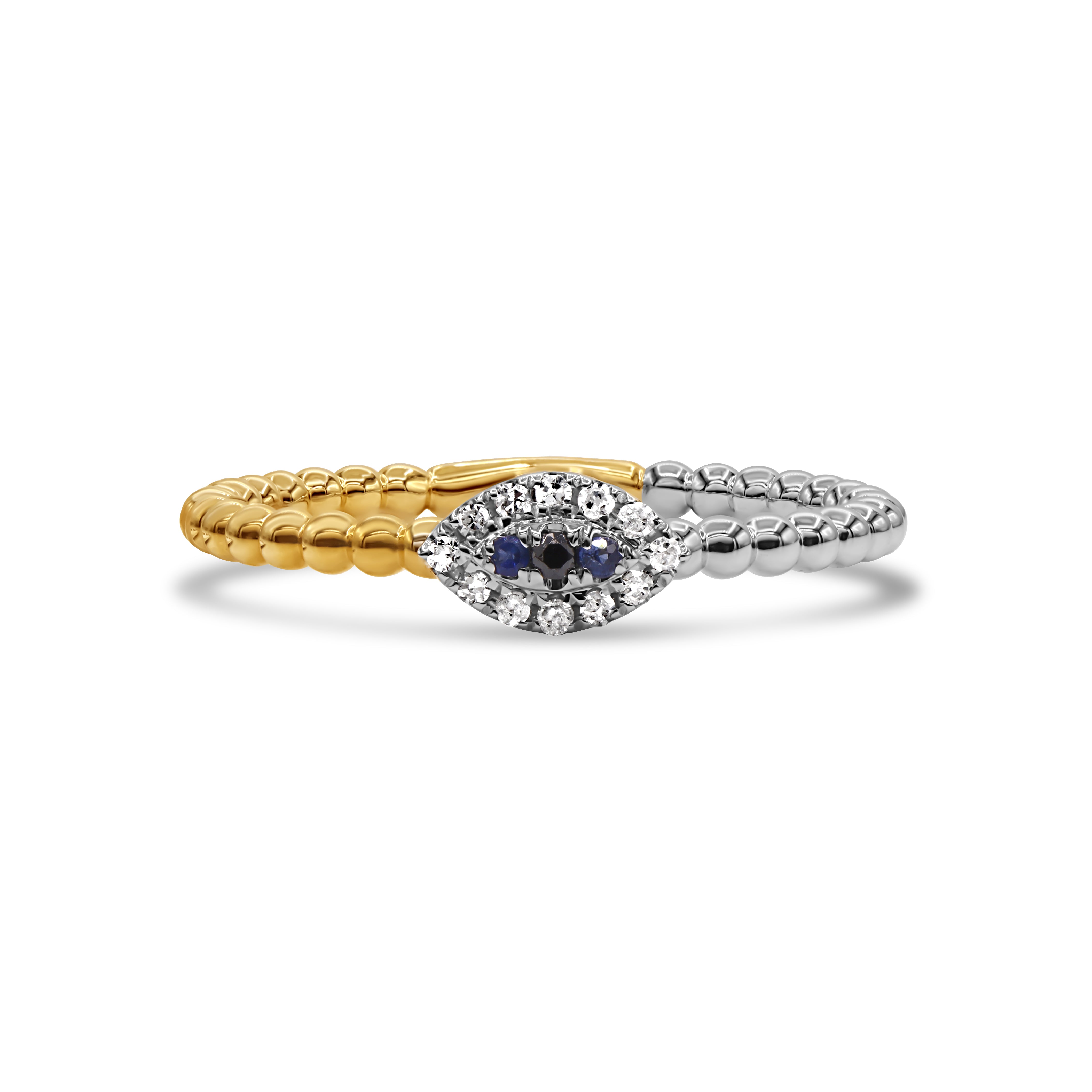 Two-tone gold ring featuring an evil eye motif with beaded detailing in a modern design.