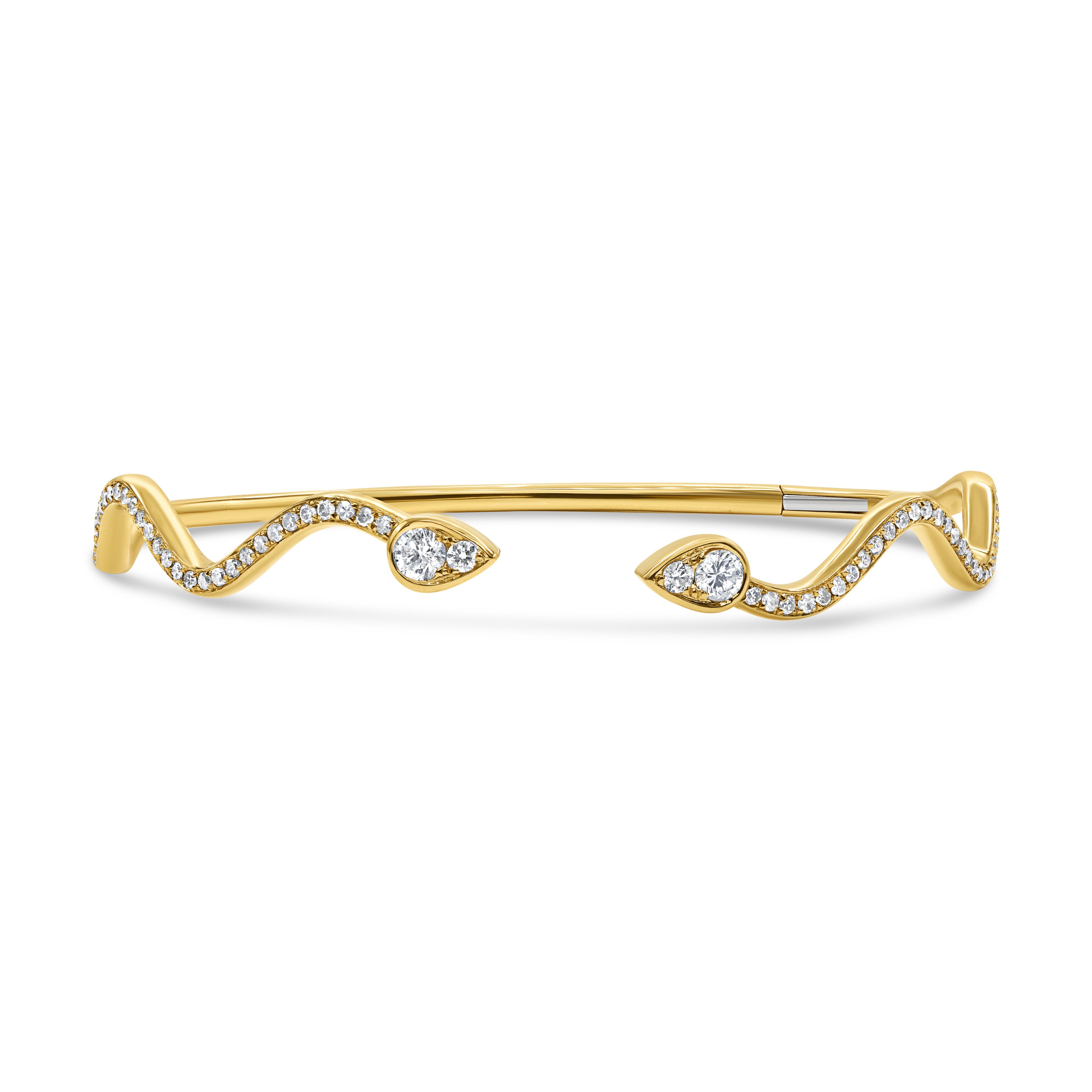 14K gold wave bangle featuring pear-shaped diamond clusters and round brilliant diamonds in a fluid modern design.