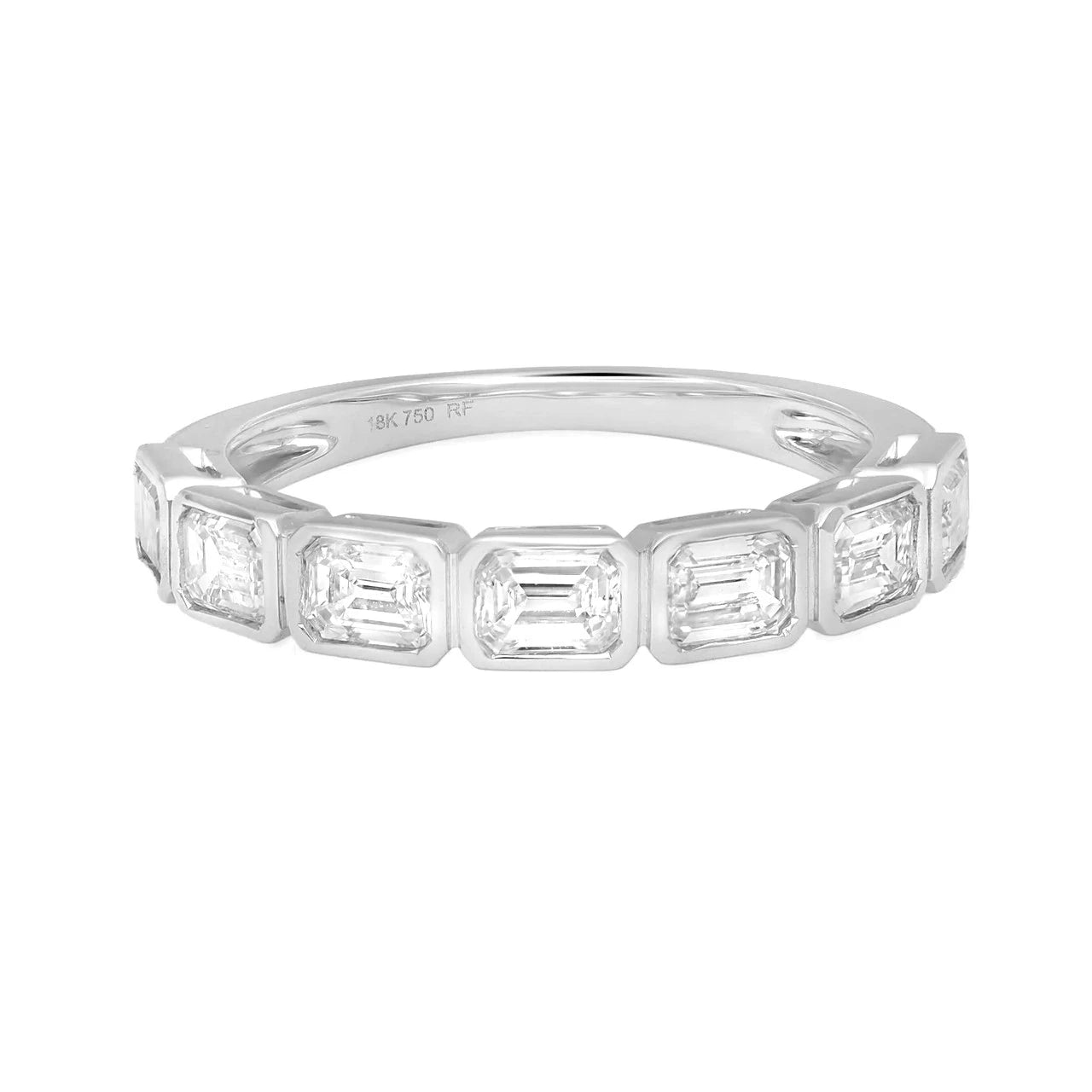 Modern emerald cut diamond band crafted in 18K gold with a sleek horizontal east-west design.