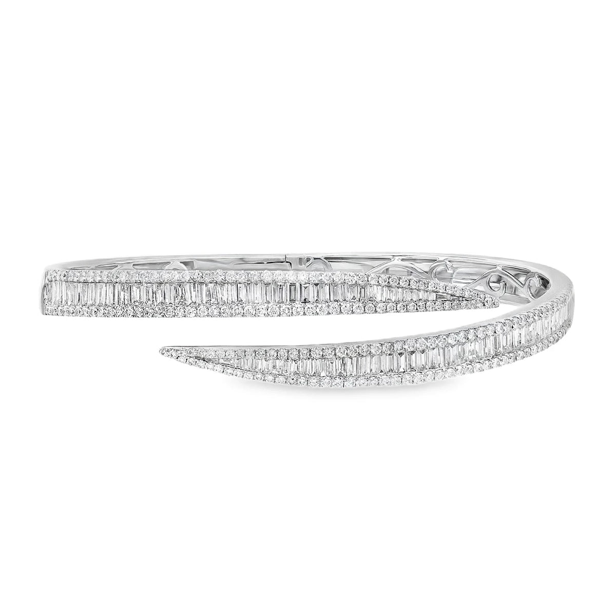 White gold open bangle bracelet with round and baguette diamond accents totaling 4.06 CTW.