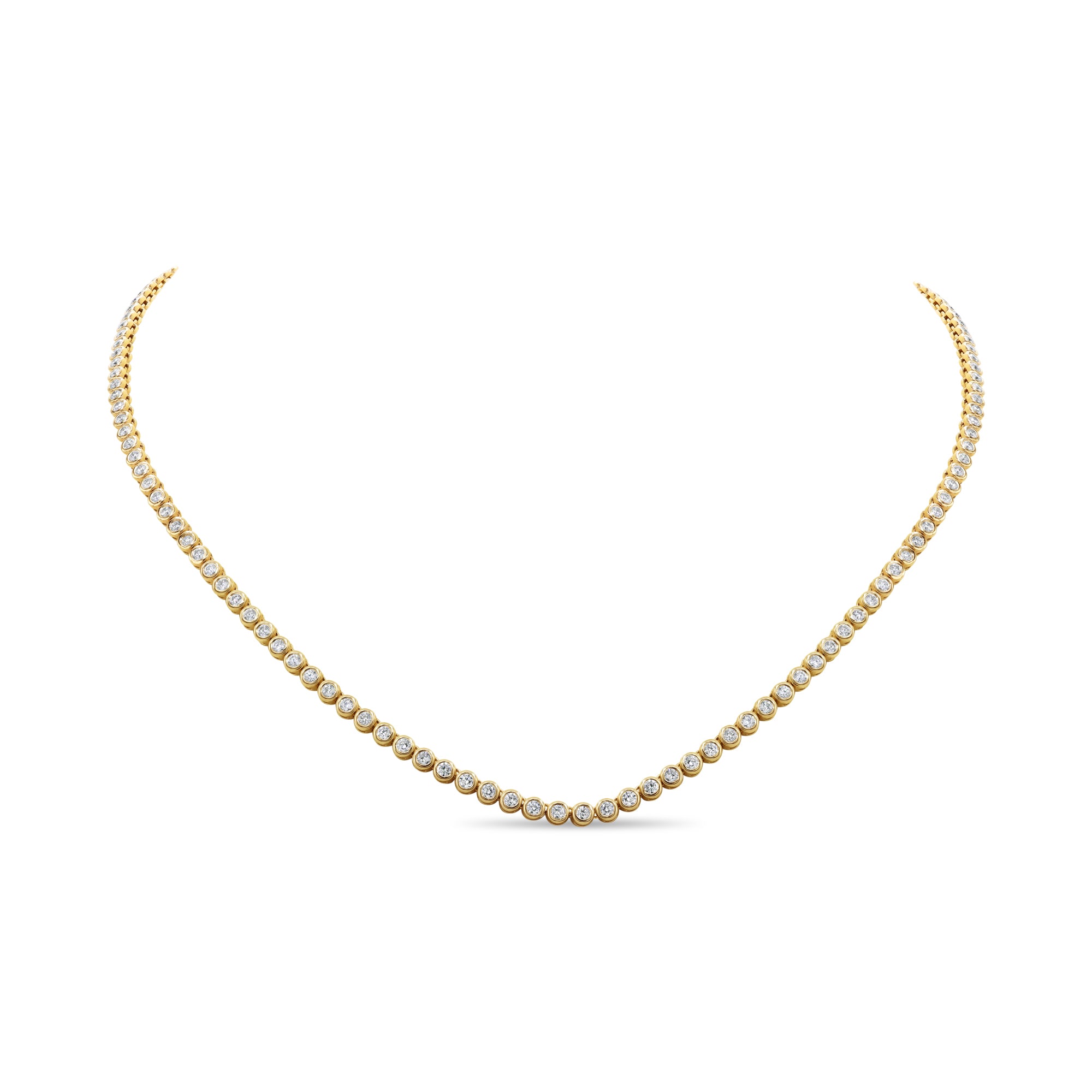 14K gold tennis necklace featuring 141 round brilliant diamonds in a sleek bezel-set design.