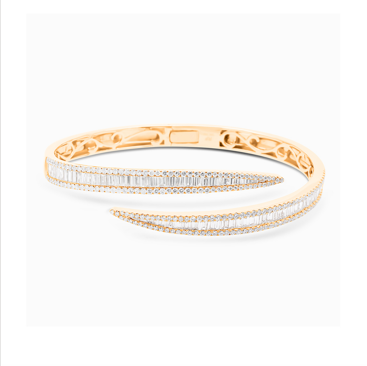 yellow gold bypass open bangle bracelet featuring three rows of natural round-cut and baguette diamonds totaling 4.06 CTW.