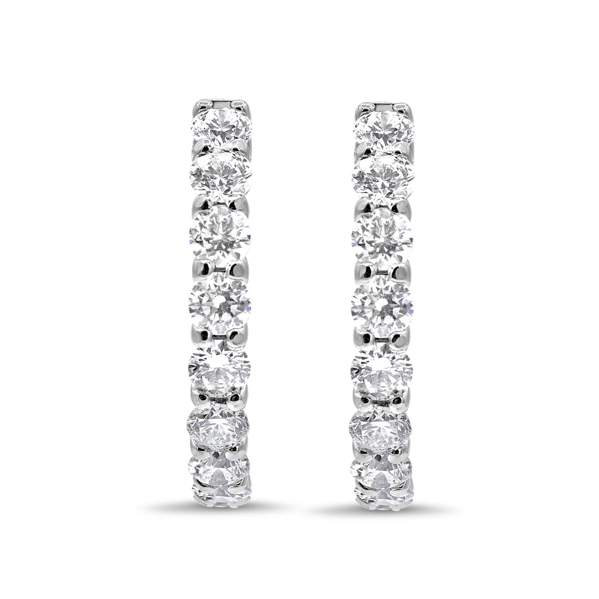 1-inch diamond hoop earrings available in 18K white, yellow, or rose gold, featuring 28 round brilliant diamonds totaling 4.71 carats.