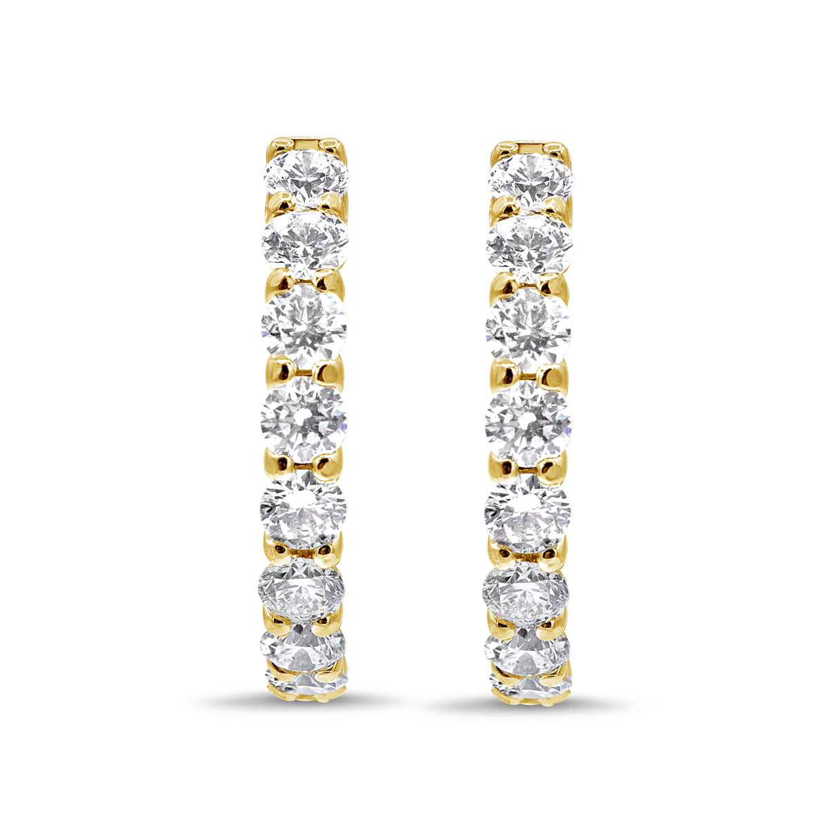 1-inch diamond hoop earrings available in 18K white, yellow, or rose gold, featuring 28 round brilliant diamonds totaling 4.71 carats.