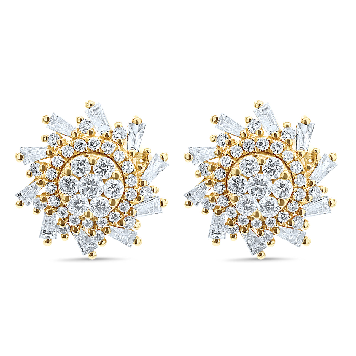 14K gold sunburst stud earrings with baguette and round diamond accents.