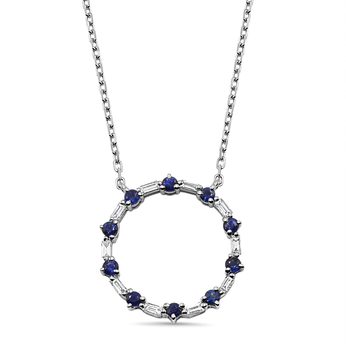 14K gold circle pendant with alternating blue sapphires and baguette diamond accents.