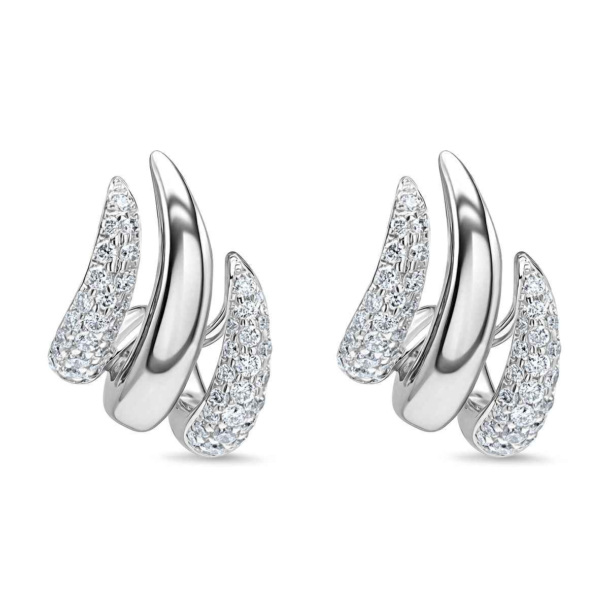 14K gold crescent huggie earrings with round diamond accents.