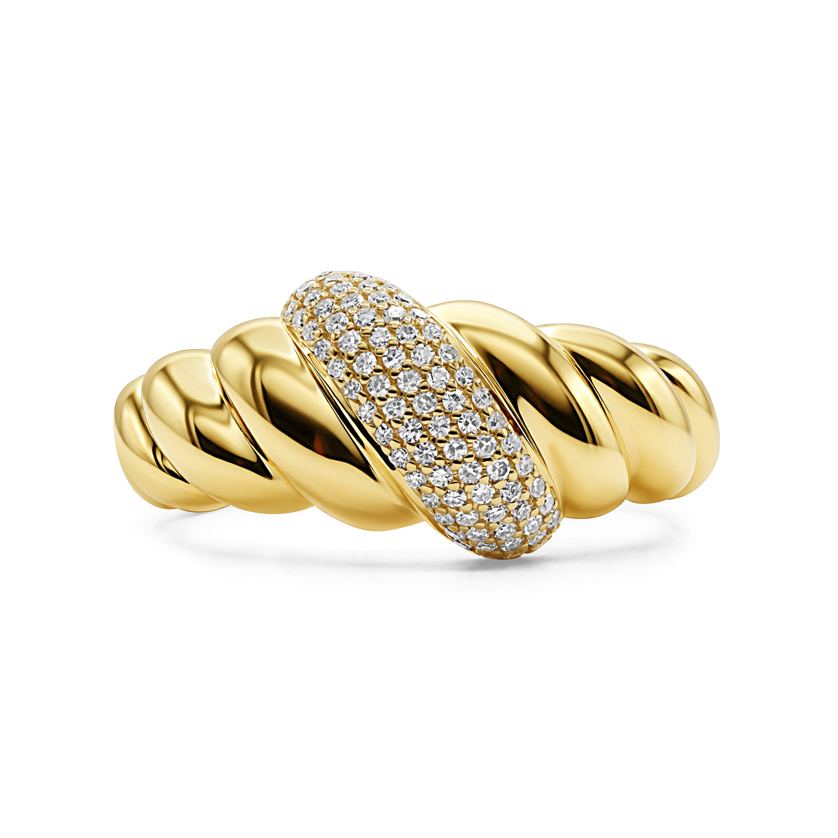 14K gold croissant-inspired dome ring featuring 81 pavé-set round diamonds totaling 0.20 CTW in a curved sculptural design.