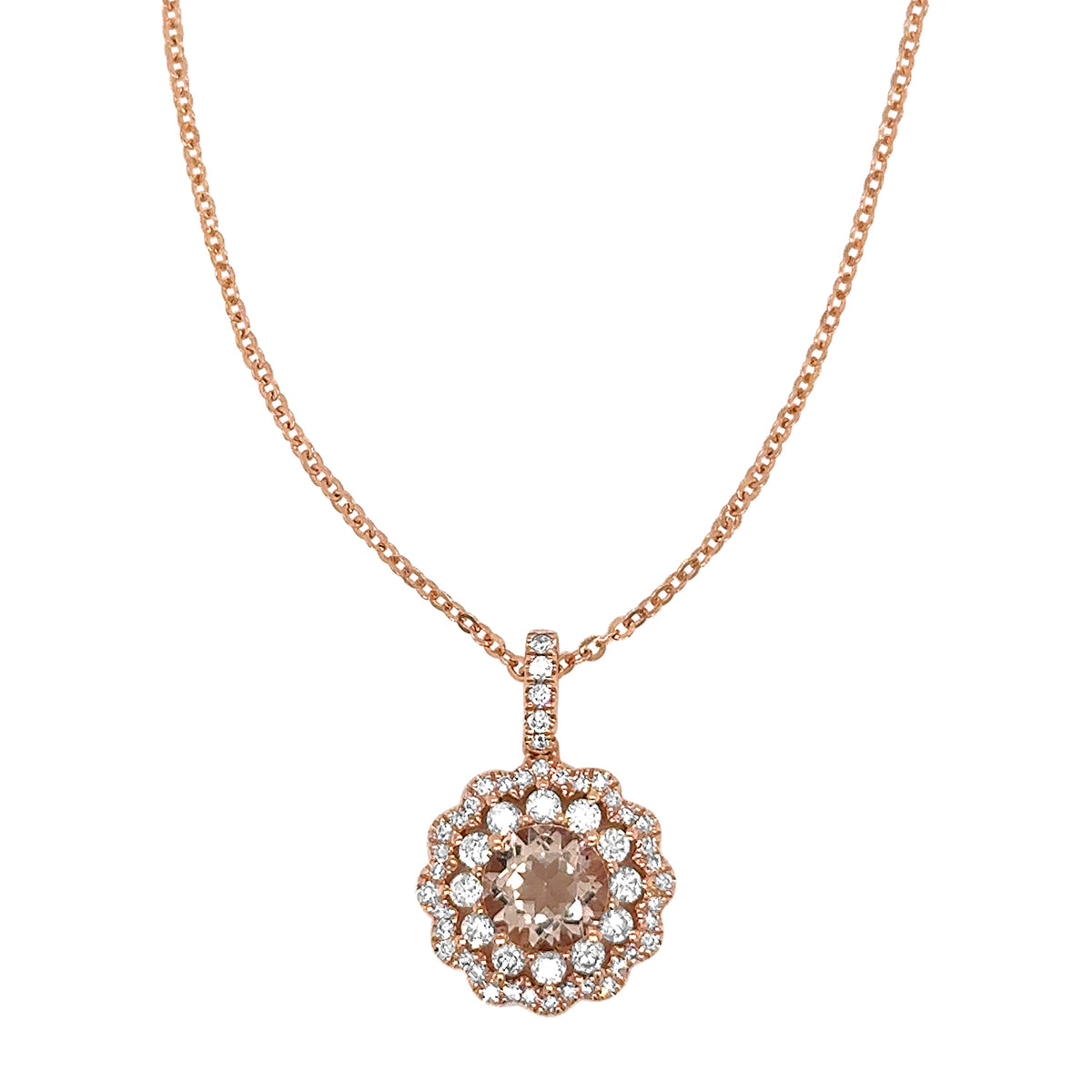 14K gold flower pendant necklace featuring 53 round brilliant diamonds totaling 0.94 carats and a 0.82 carat morganite center gemstone.