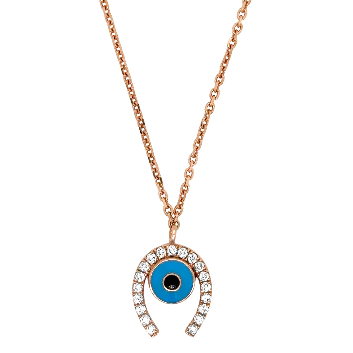 14K gold eye pendant necklace featuring round brilliant diamonds totaling 0.31 carats with black and turquoise enamel accents.