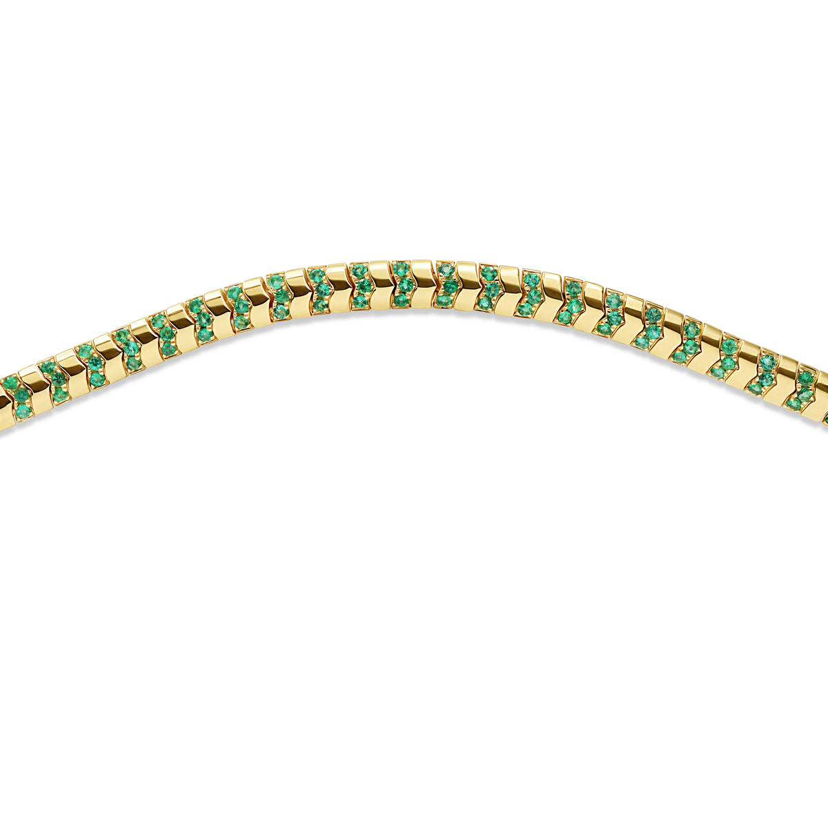 Green emerald chevron bracelet crafted in 14K gold with a modern geometric silhouette.