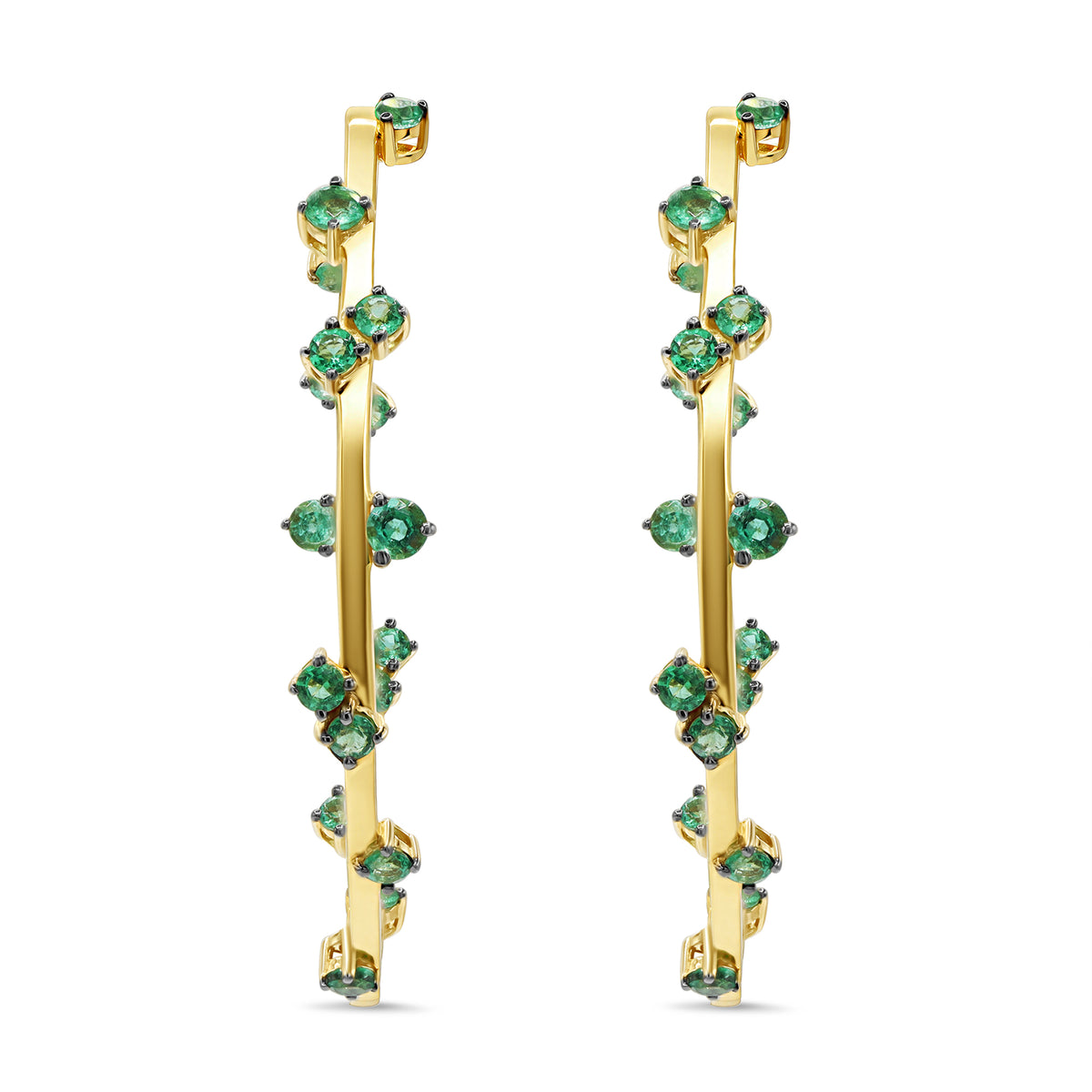 14K gold hoop earrings with a continuous row of emerald-cut green emeralds.