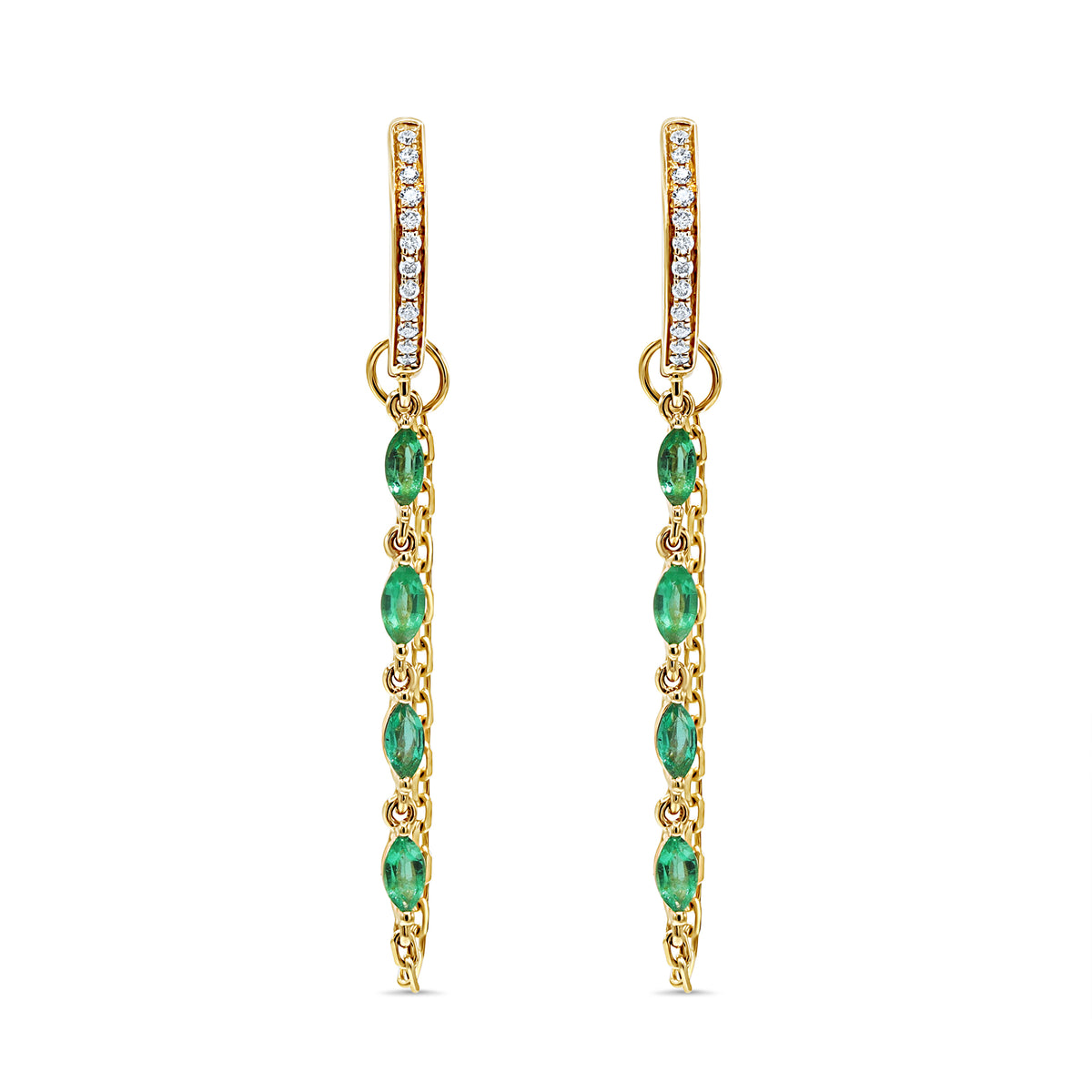 14K gold chain drop earrings with emerald-cut green emeralds and round diamond accents.