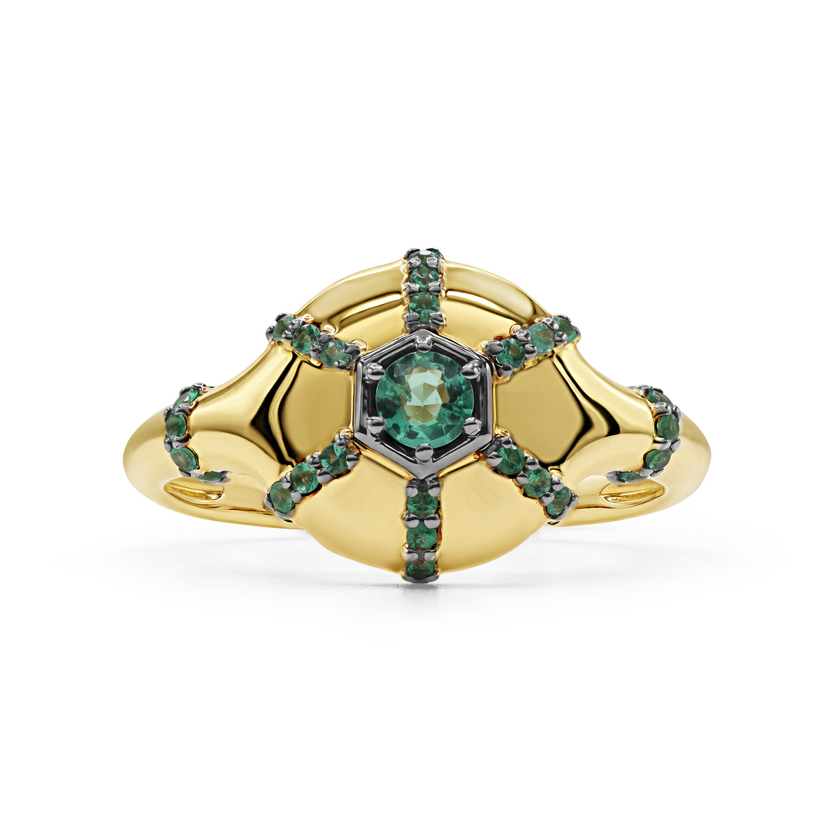 14K gold starburst ring featuring 35 green emeralds totaling 0.21 CTW in a radiant six-row burst design.