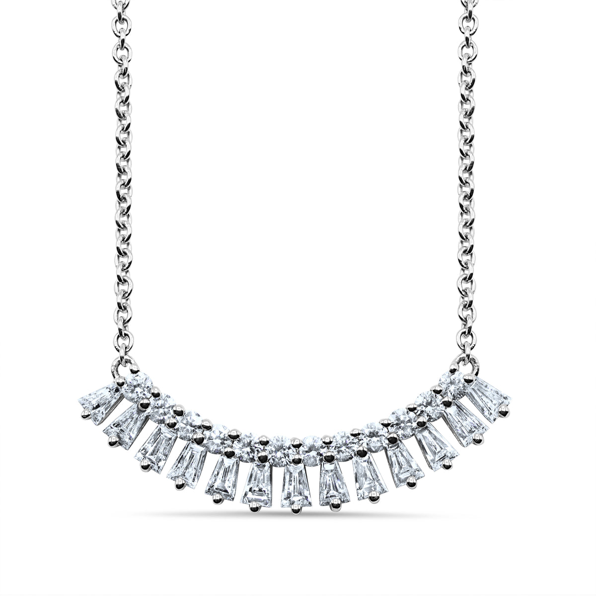 14K gold fan necklace with baguette and round diamond accents inspired by a lunar silhouette.