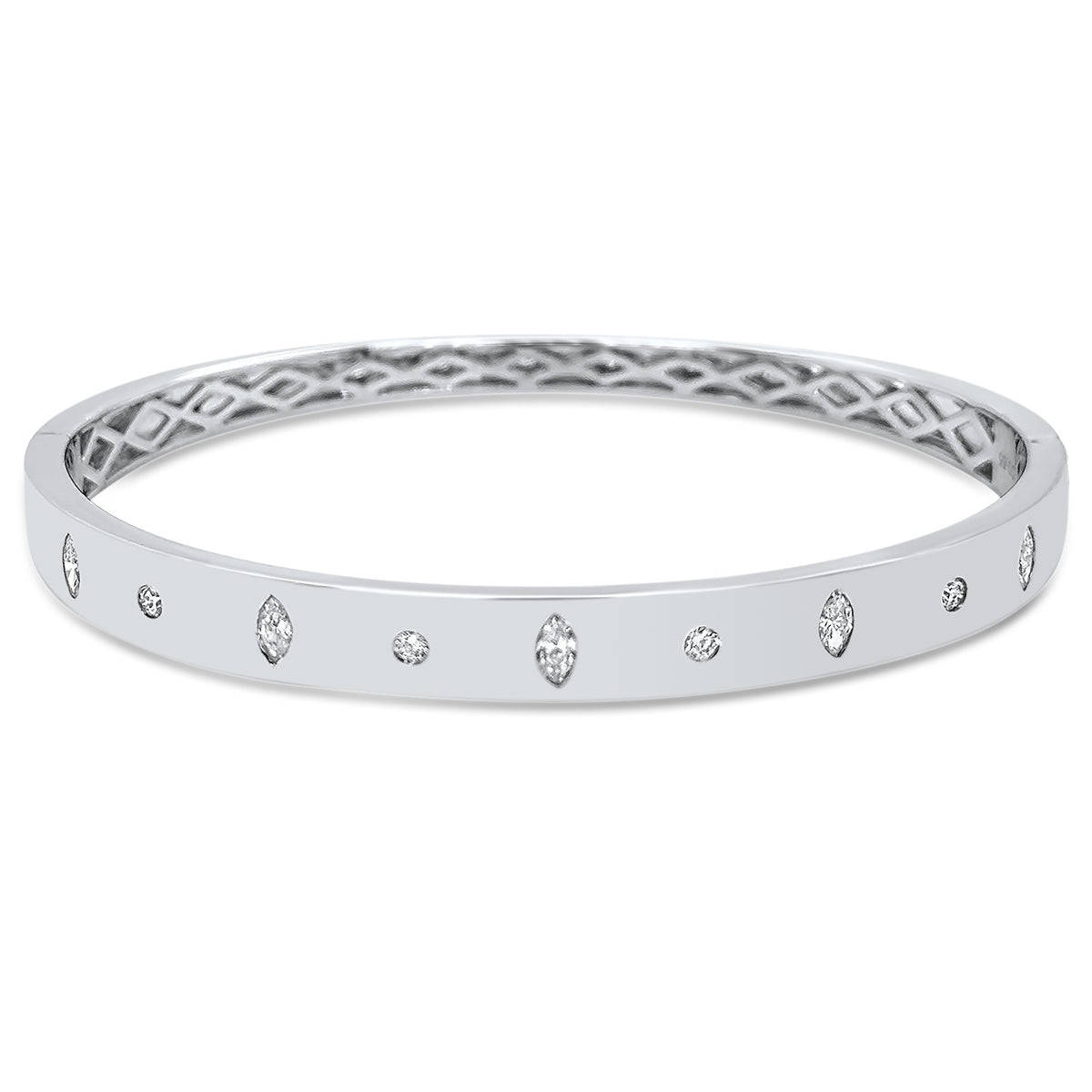 14K gold inlay diamond bangle featuring 5 marquise diamonds totaling 0.42 carats and 4 round brilliant diamonds totaling 0.13 carats.