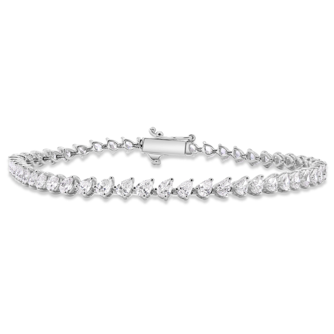 14K gold 7-inch line bracelet featuring 52 pear-shaped diamonds totaling 4.41 CTW.