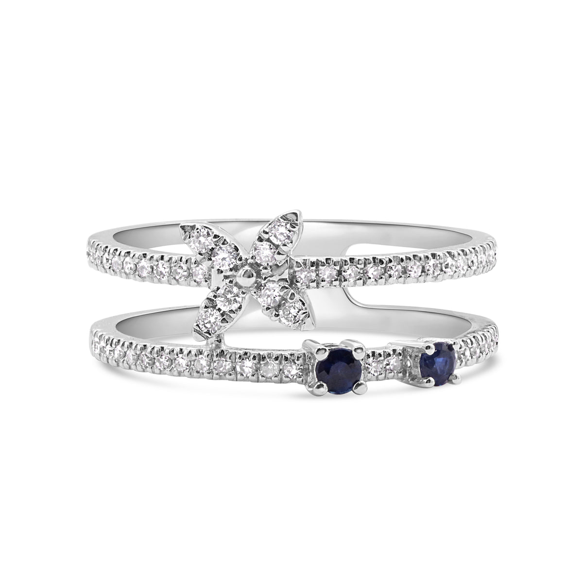 14K gold petite flower ring featuring 51 round diamonds totaling 0.19 CTW and 2 blue sapphires totaling 0.11 CTW.