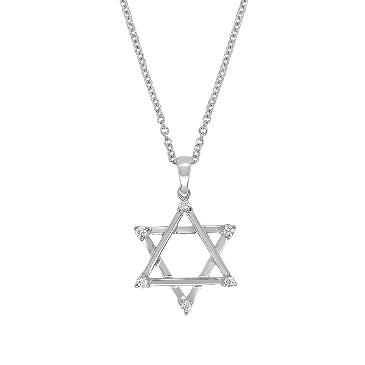14K gold Star of David pendant necklace featuring 6 round brilliant diamonds totaling 0.12 carats.