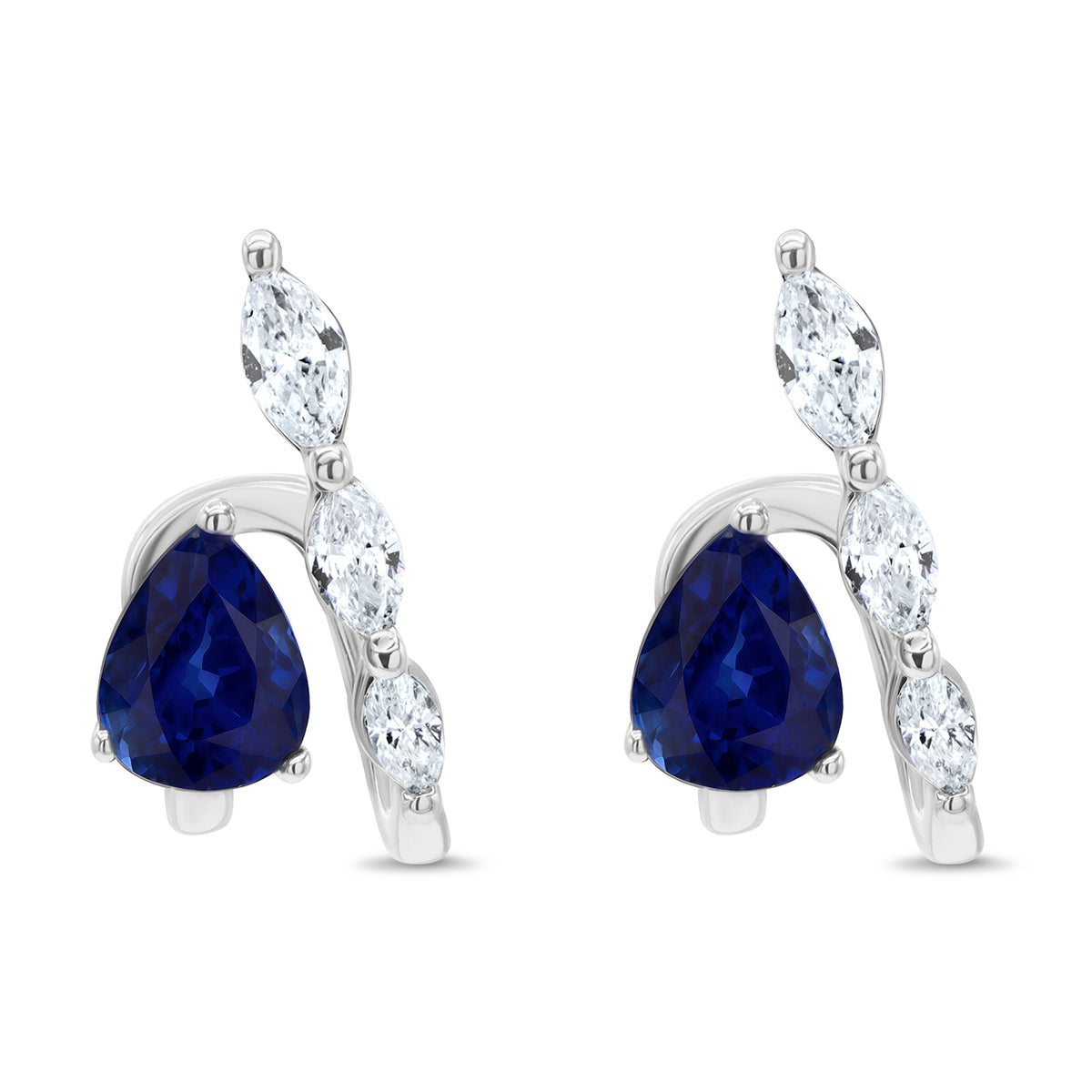 14K gold dewdrop earrings featuring 2 pear-shaped sapphires and 6 marquise-cut diamonds in a fluid open design.