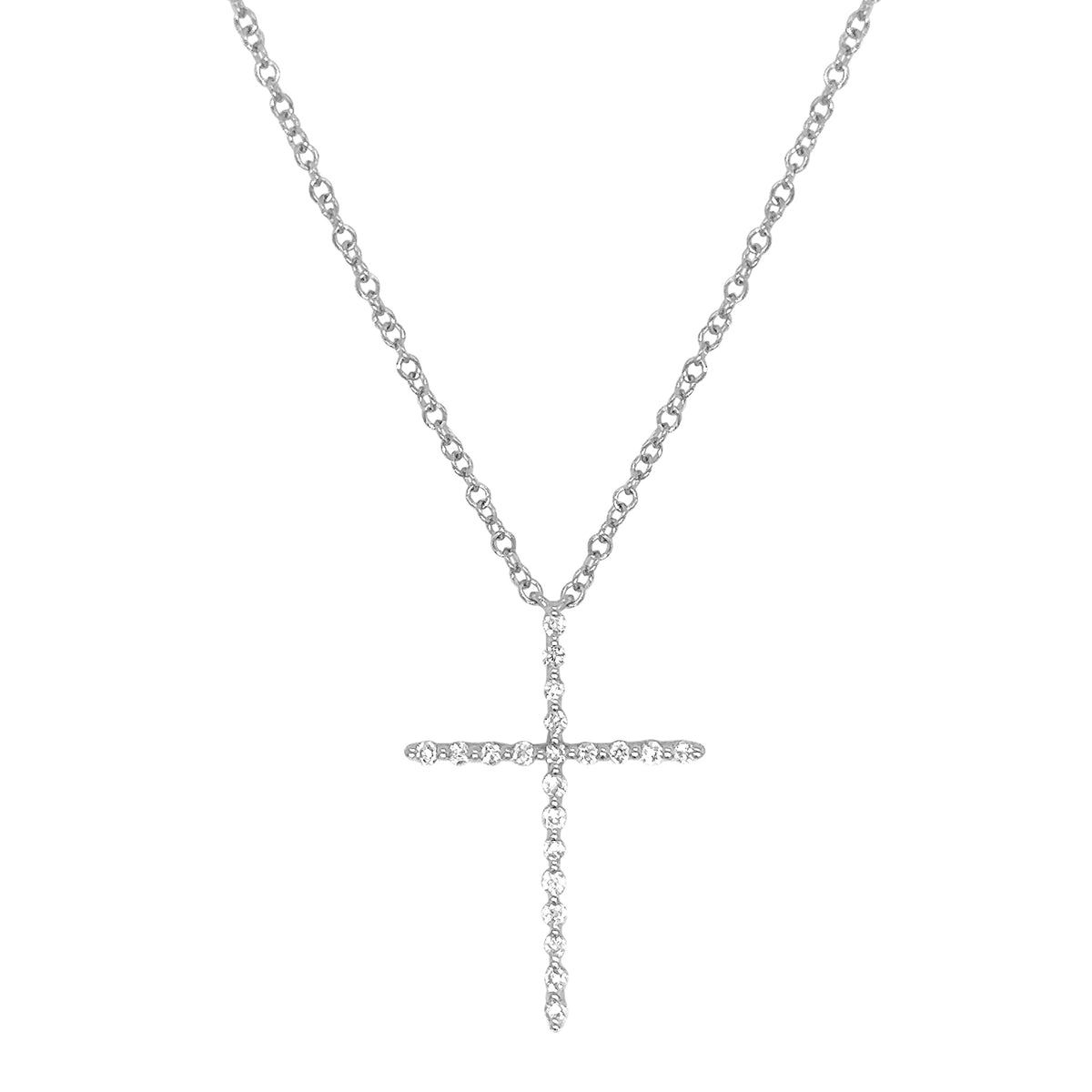 14K gold single prong diamond cross necklace featuring 21 round brilliant diamonds totaling 0.10 carats on an 18-inch chain.