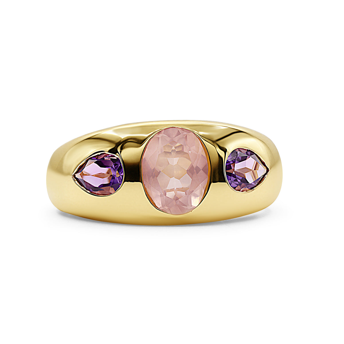 14K gold three-stone dome ring featuring pavé-set round diamonds totaling 0.20 CTW in a sculptural rounded design.