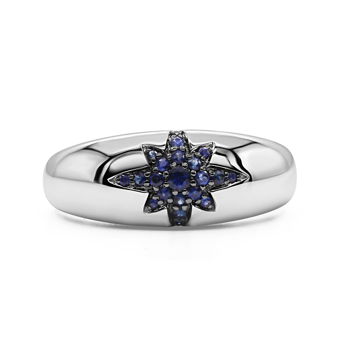 14K white gold dome ring featuring 21 blue sapphires totaling 0.17 CTW in a firecracker-inspired burst design.