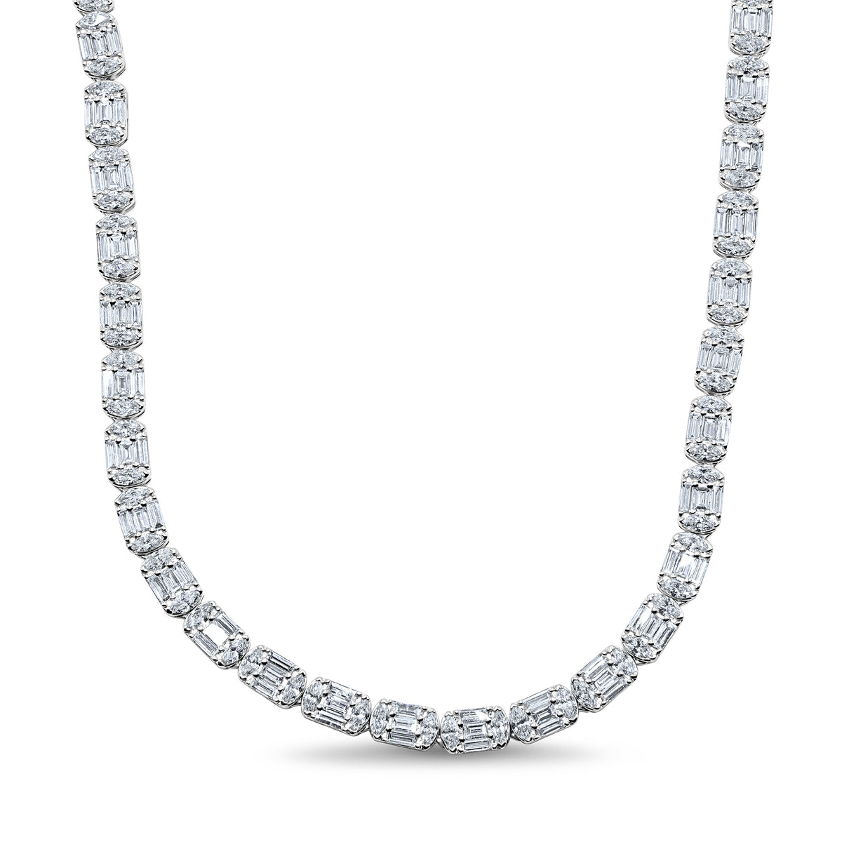 14K white gold illusion emerald cut diamond necklace featuring 174 baguette and 116 marquise diamonds totaling 10.59 CTW.
