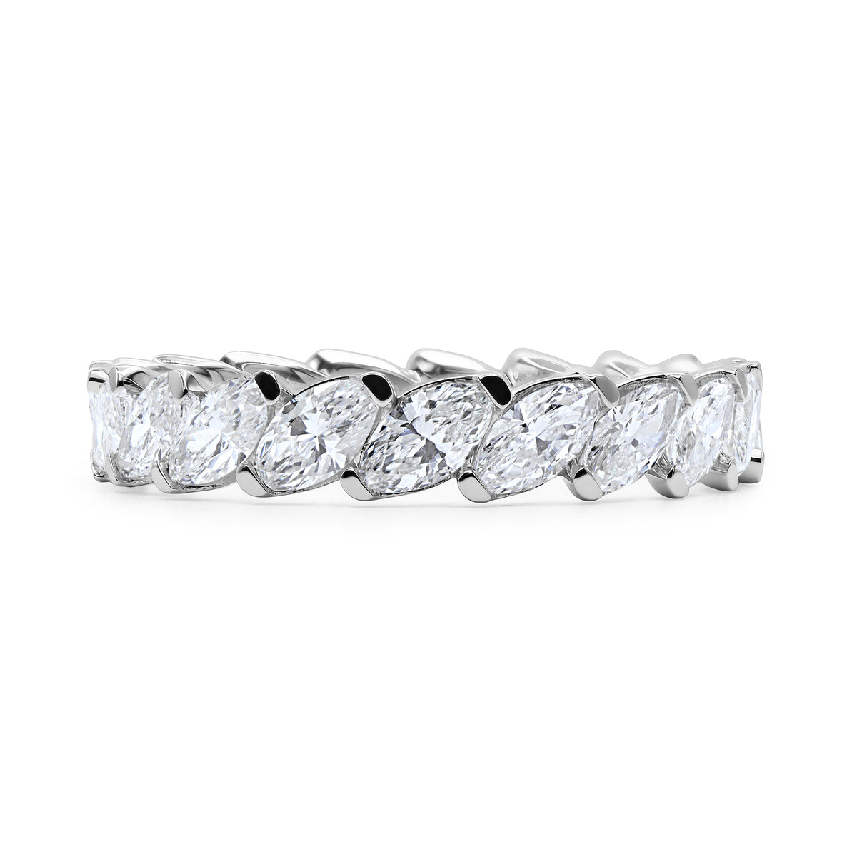 14K white gold lab grown marquise diamond eternity band featuring 19 marquise E VS1 diamonds totaling 2.18 carats.