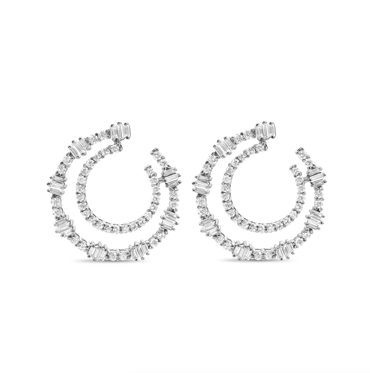 14K white gold double row spiral earrings featuring 48 baguette diamonds totaling 0.84 CTW and 78 round diamonds totaling 1.67 CTW.