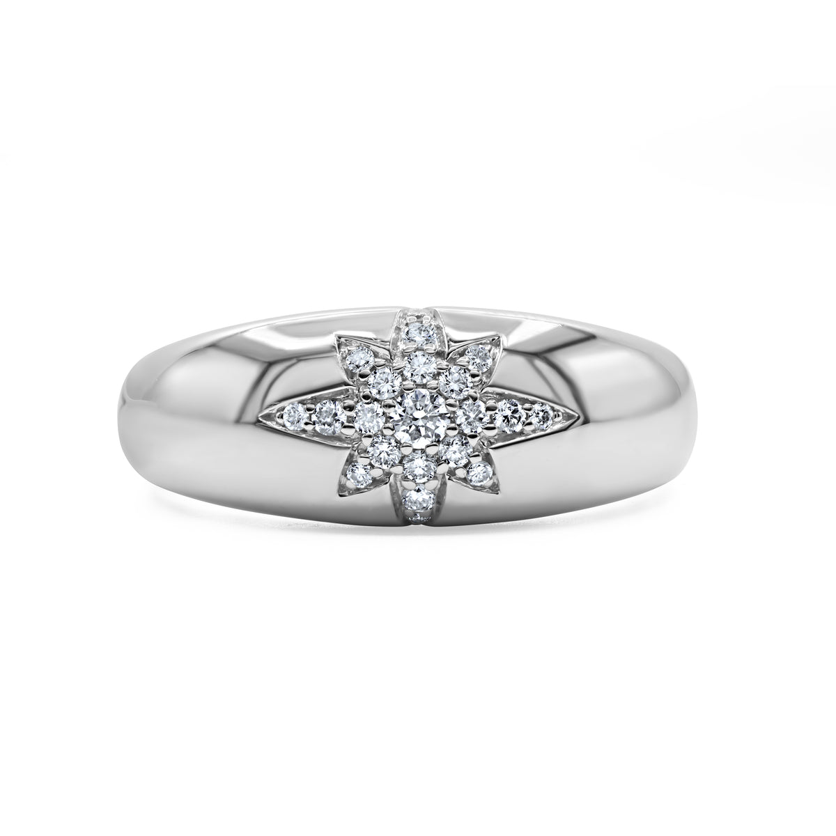 14K white gold dome ring featuring 21 round diamonds totaling 0.17 CTW in a firecracker-inspired burst design.