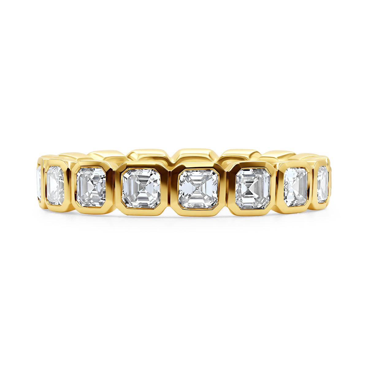 14K yellow gold bezel set eternity band featuring 17 Asscher cut E VS1 diamonds totaling 2.16 carats.