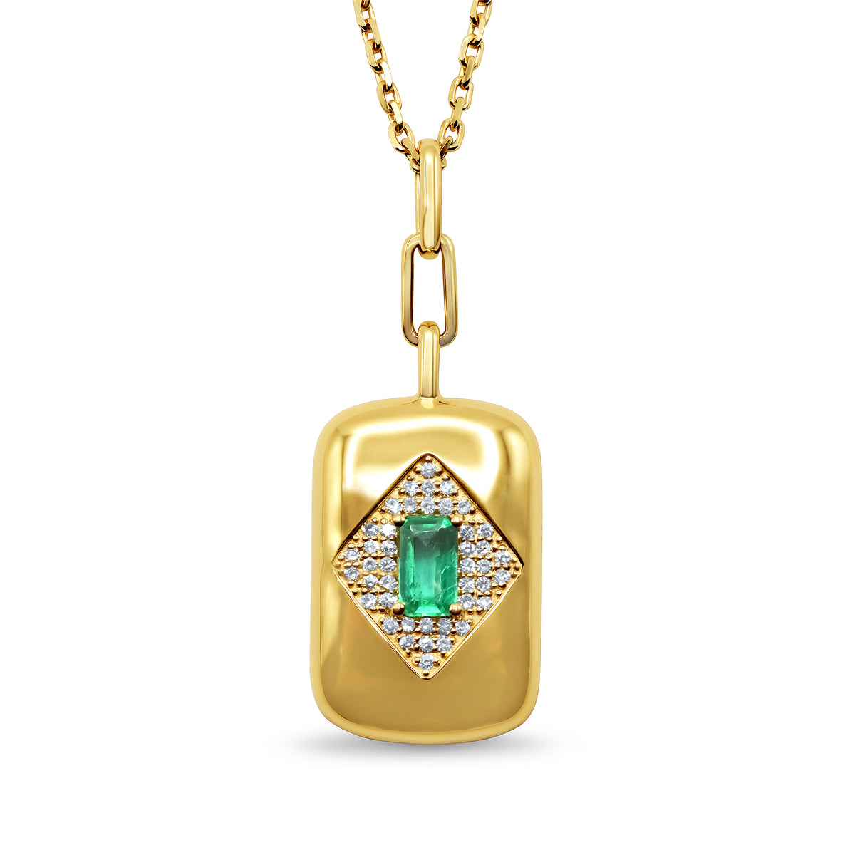 14K yellow gold pendant with an emerald-cut green emerald and sparkling round diamond halo.