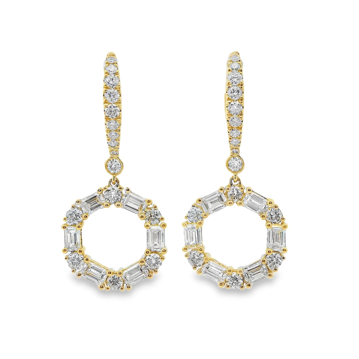18K alternating round and emerald cut diamond drop earrings featuring G-H color VS-SI diamonds in a bold circle drop design.