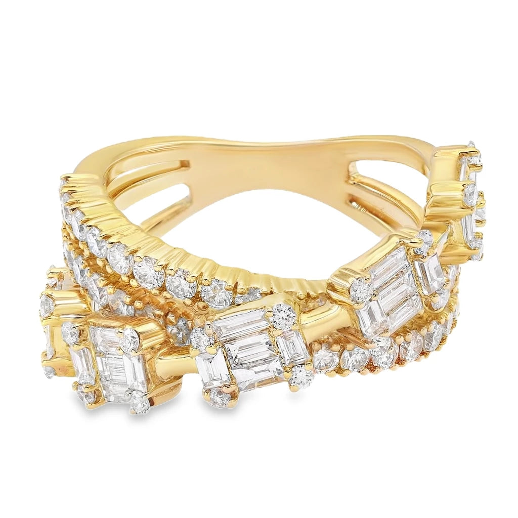 18K yellow gold ring featuring baguette and round diamonds with approximately 2.00 carats total weight in an overlay setting.
