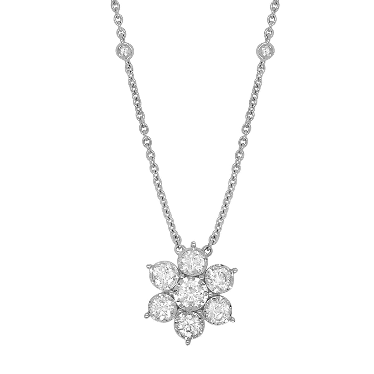 18K gold flower pendant necklace featuring 7 round brilliant diamonds totaling 1.60 carats on a 16-inch chain.