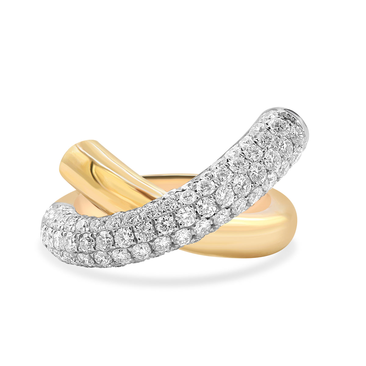 18K gold crossover ring featuring 95 brilliant round diamonds totaling 1.65 CTW.