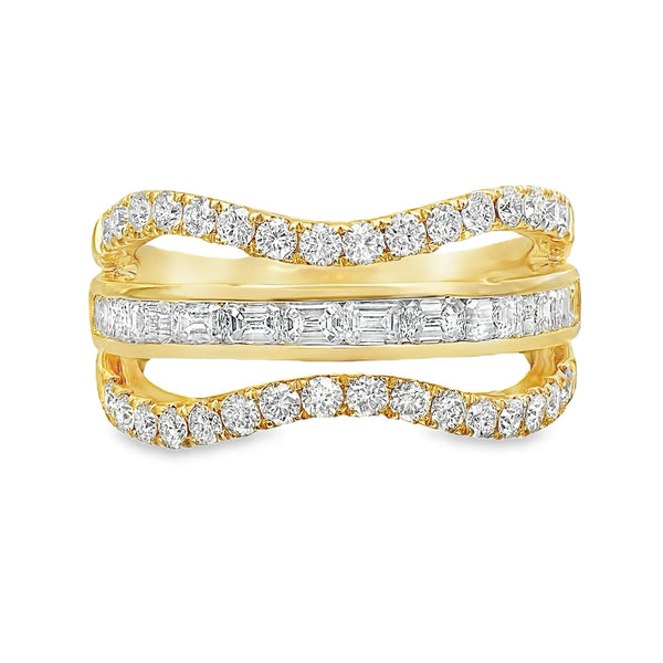 18K gold wave ring featuring emerald and round cut diamonds totaling approximately 1.62 carats in an alternating fluid design.