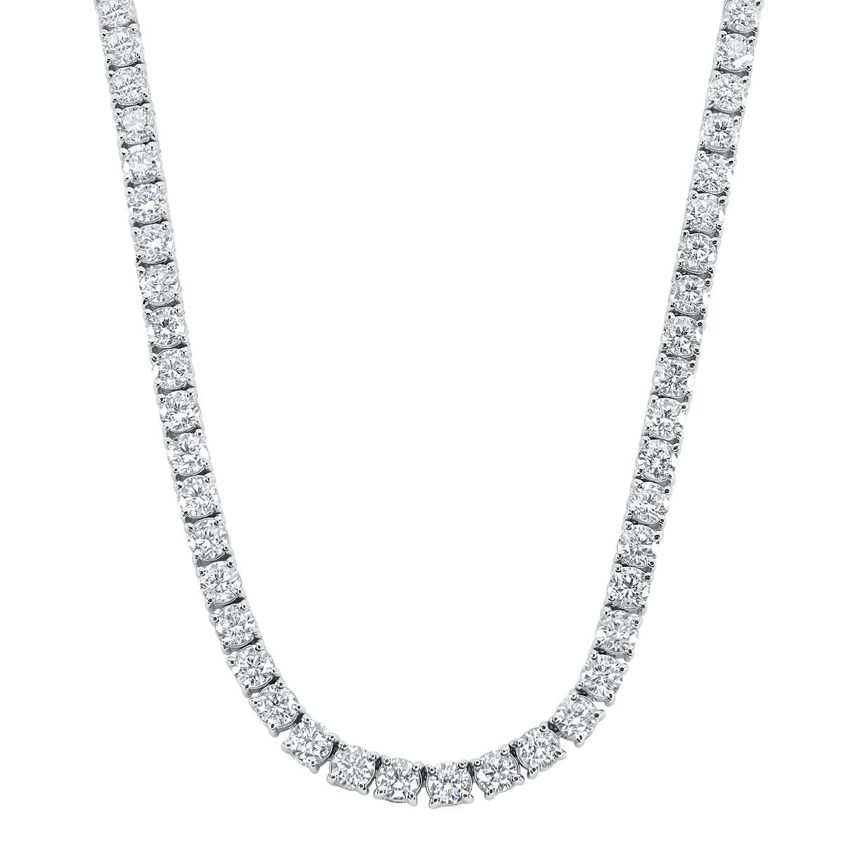 18K gold fancy tennis necklace featuring 105 round brilliant diamonds totaling 16.36 carats.