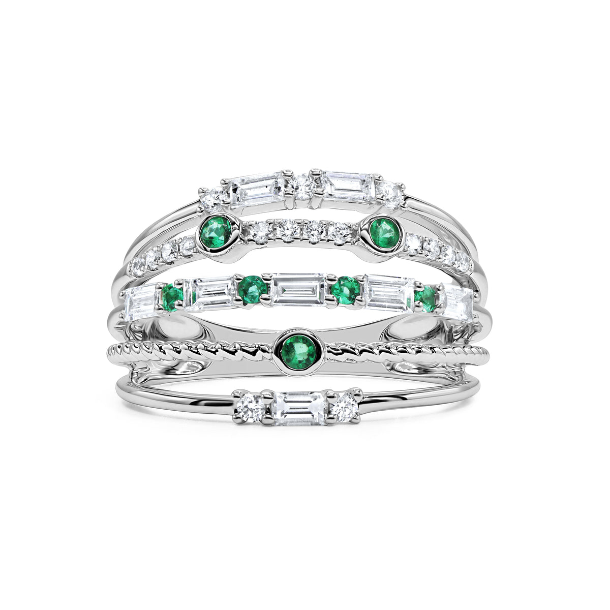 18K gold orbit ring featuring 7 green emeralds, 8 baguette diamonds, and 17 round diamonds totaling 0.70 CTW in a five-row layered design.