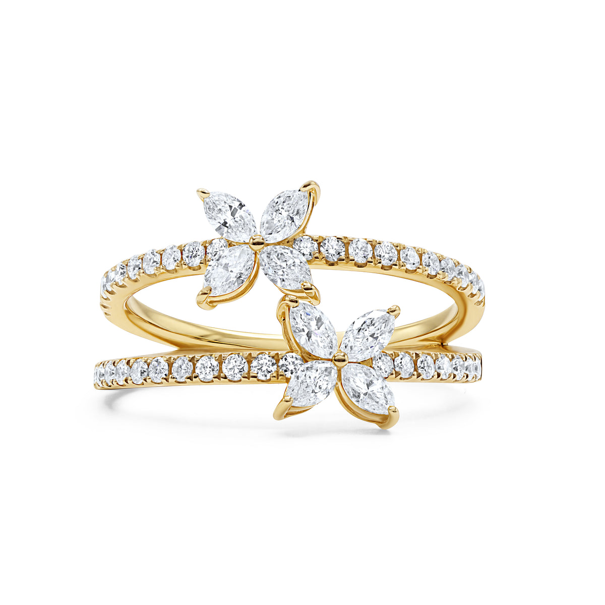 18K gold butterfly ring featuring 8 marquise diamonds and 40 round diamonds totaling 0.78 CTW in a delicate wing-inspired design.
