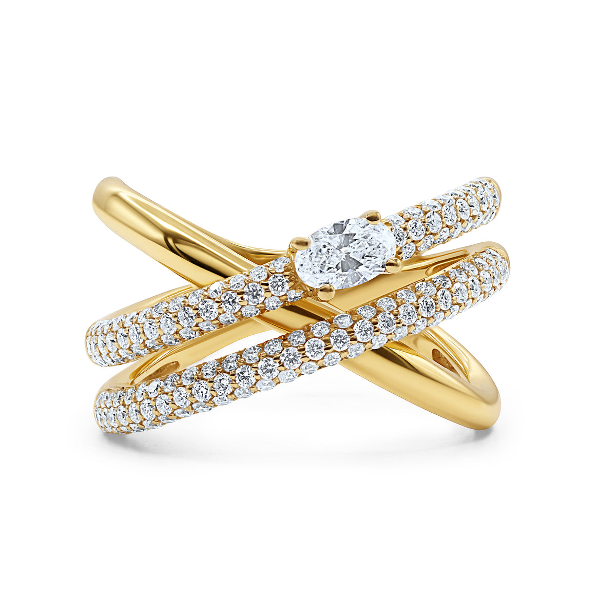 18K gold criss cross ring featuring an oval diamond and 146 round diamonds totaling 0.85 CTW in a pavé setting.