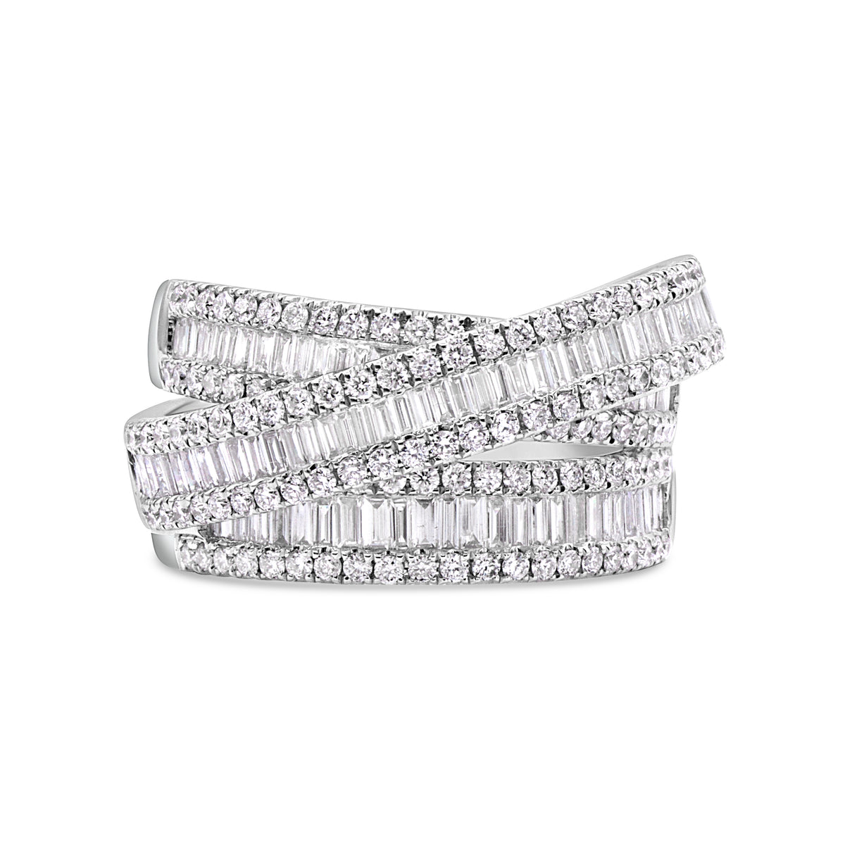 18K gold criss cross ring featuring 105 baguette diamonds totaling 1.00 CTW and 145 round brilliant diamonds totaling 0.89 CTW.