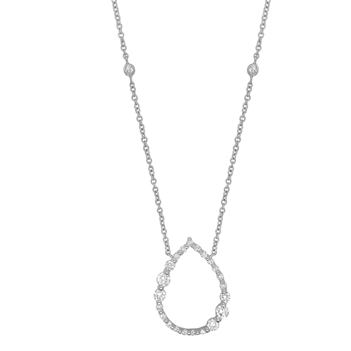 18K gold pear-shaped diamond pendant necklace featuring a 0.62 carat round brilliant diamond on a 16-inch Diamond by the Yard chain with a 2-inch extension.