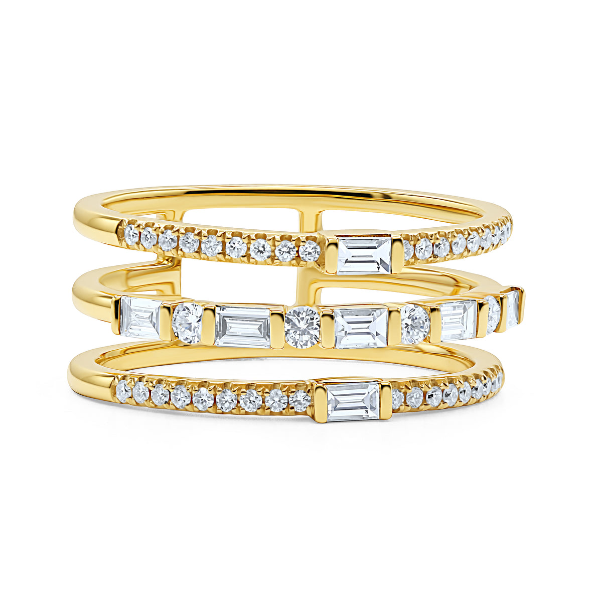 18K gold three-row diamond ring featuring 7 baguette diamonds and 40 round diamonds totaling 0.50 CTW.